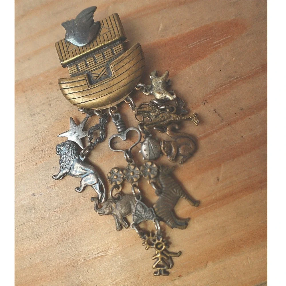 Vintage Noah's‎ Ark Brooch or Pendant Bronze & Silver Tone 4 inch Dangle Jewelry
